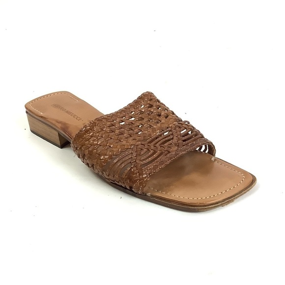 Sesto Meucci Sz 10.5 Square Toe Braided Leather Slide Sandals Brown Italian - Picture 1 of 8